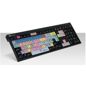 Black USB QWERTY keyboard featuring colored shortcut keys for Adobe Premiere Pro CC, with a sleek design and a standard UK layout.