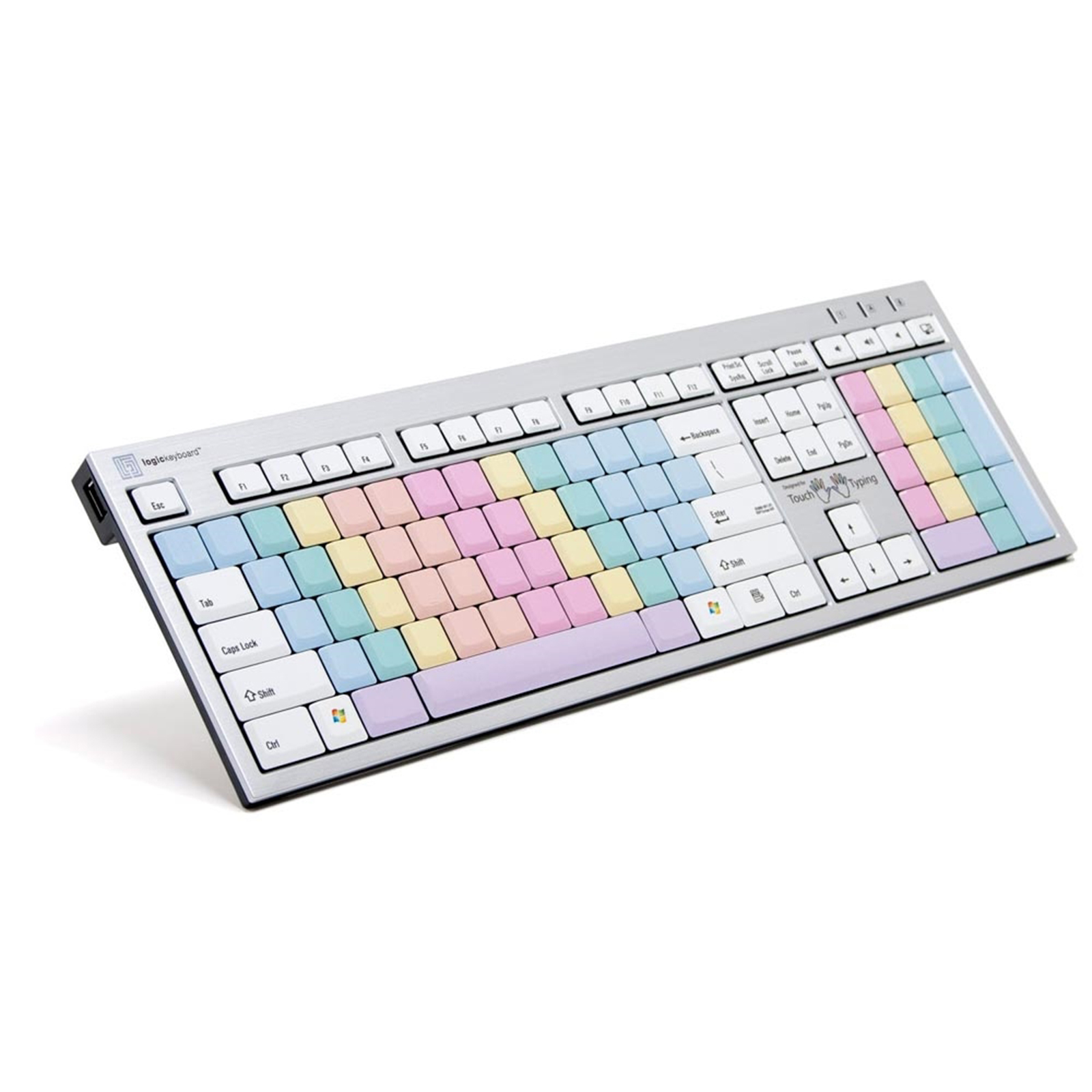A sleek, silver keyboard featuring pastel-colored keys in a gradient pattern, designed for blind touch typing with clear, tactile feedback.
