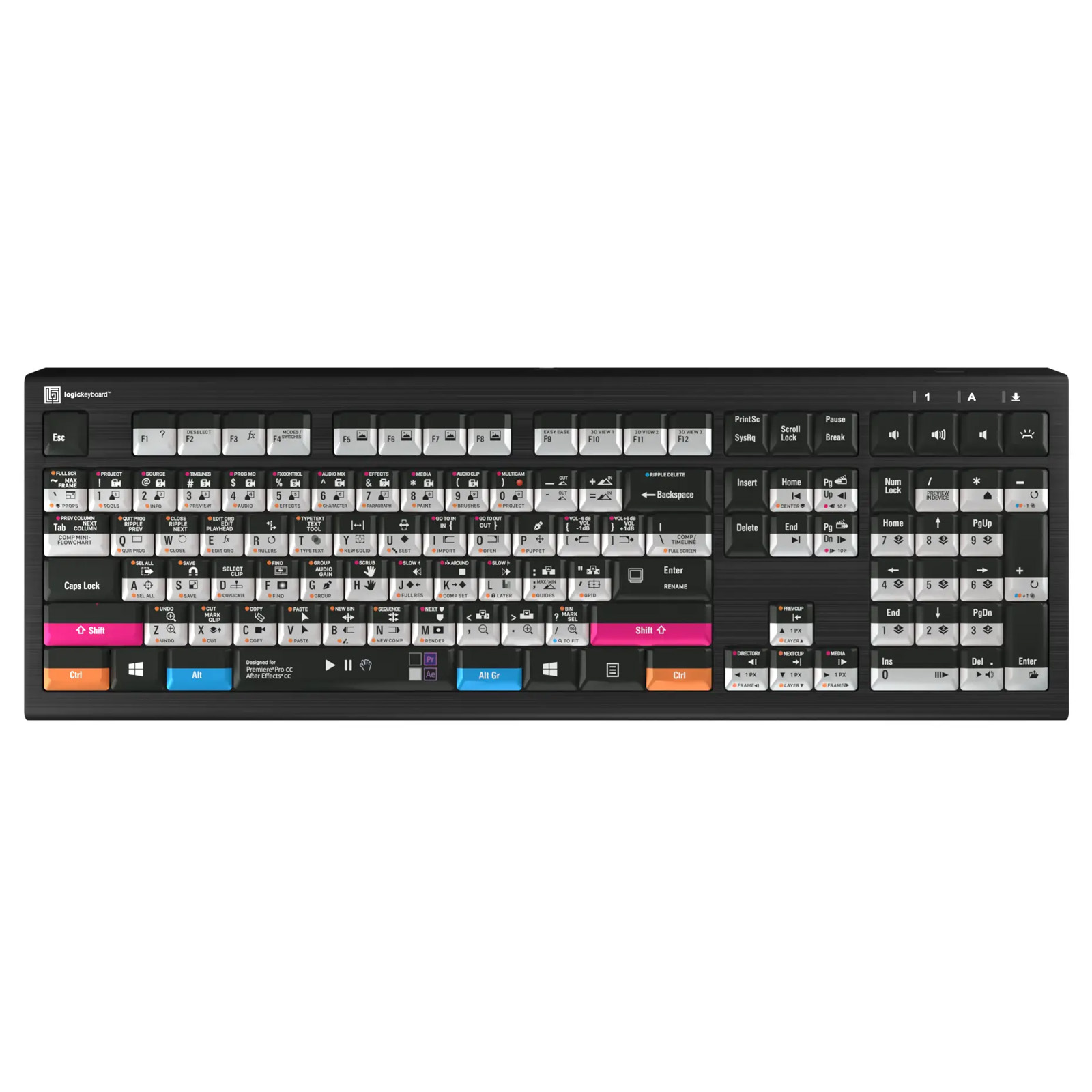 Black USB QWERTY keyboard with UK English layout, featuring colored shortcut keys, a sleek design, and a matte finish for a professional look.