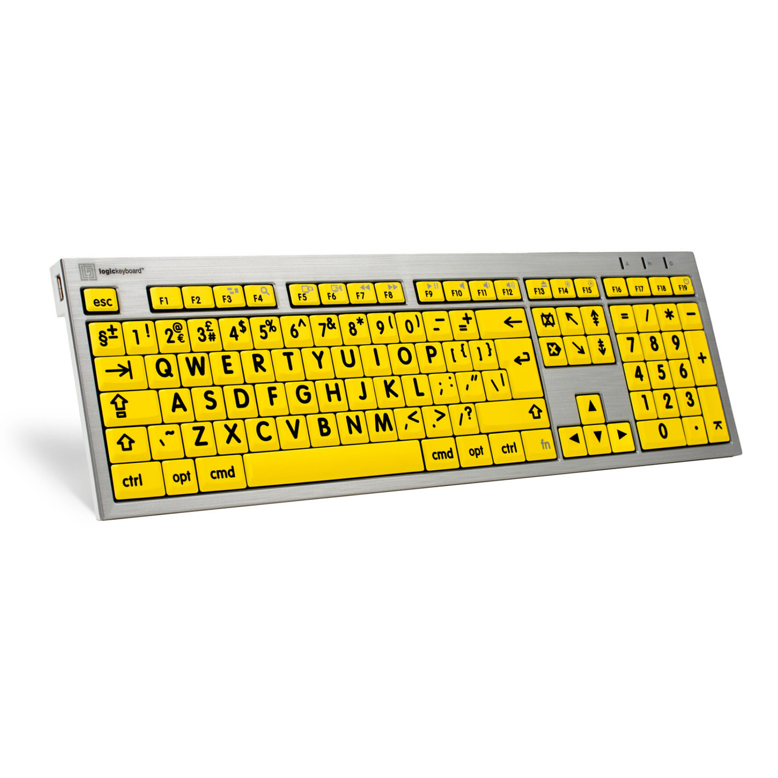 Bright yellow QWERTY keyboard with a silver metal base, featuring large black keys and symbols, designed for home and office use with USB connectivity.