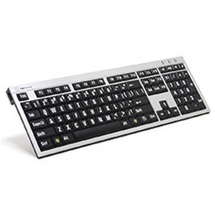 Sleek silver and black USB QWERTY keyboard featuring English layout, low-profile keys, and a compact design ideal for office use.