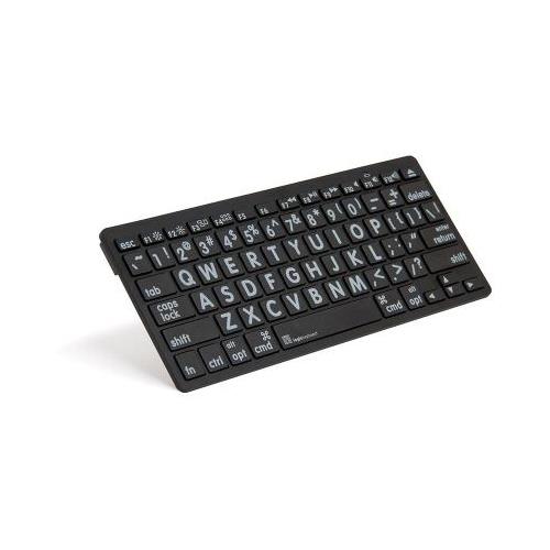 Compact black Bluetooth keyboard with QWERTY layout, featuring white key labels and a sleek, minimalist design, ideal for office use.
