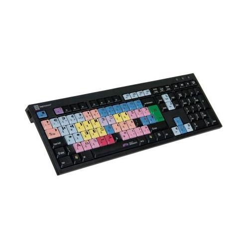 Black USB keyboard with QWERTY layout, featuring colorful keys in pink, yellow, blue, and green, designed for office use by Logickeyboard.