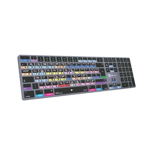 Wireless Bluetooth keyboard in sleek grey with vibrant colored keycaps for shortcuts, featuring a QWERTY layout and English labels, designed for office use.
