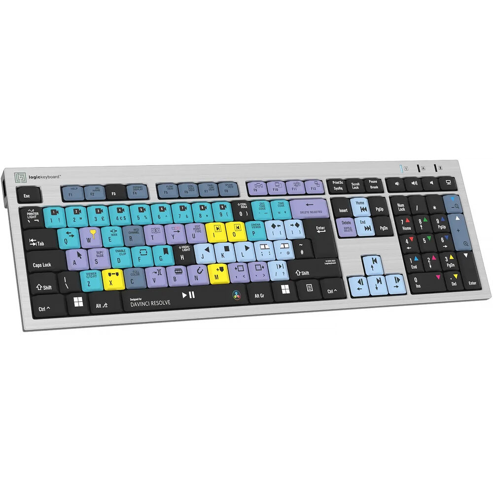 Stylish silver and black USB QWERTY keyboard featuring colorful shortcut keys for DaVinci Resolve, with a sleek design and distinct key layout.