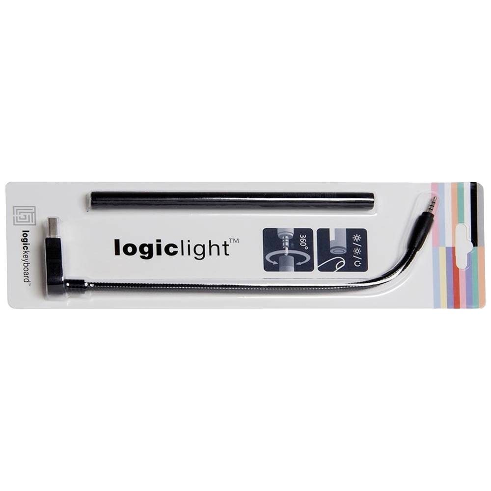 Black flexible gooseneck LED light with a clip and USB connector, packaged with a sleek white backing featuring colorful stripes.