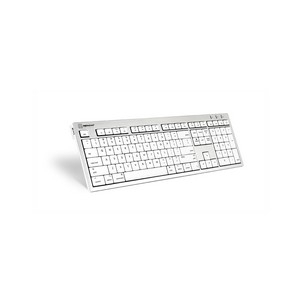 Silver USB QWERTY keyboard with UK English layout, featuring a sleek design, low-profile keys, and a compact form factor suitable for office use.