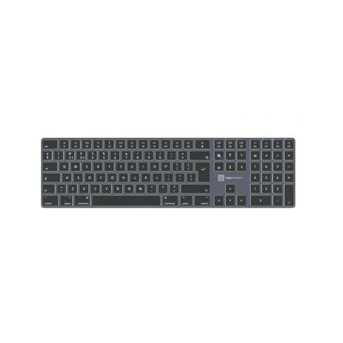 Wireless QWERTY UK keyboard in sleek black with a compact design, featuring a combination of USB and Bluetooth connectivity, and clearly labeled keys for easy typing.