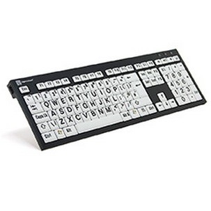 Black USB QWERTY keyboard with large white print keys, designed for UK English layout, featuring a sleek, low-profile design suitable for office use.