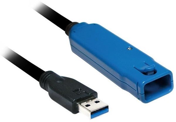 Blue USB 3.0 male to male cable with a black connector, featuring a sturdy design and a length of 10 meters, suitable for high-speed data transfer.