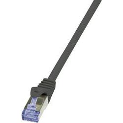 Black 15-meter Cat7 S/FTP networking cable with a sleek design, featuring a transparent connector and a sturdy, flexible exterior for reliable data transmission.
