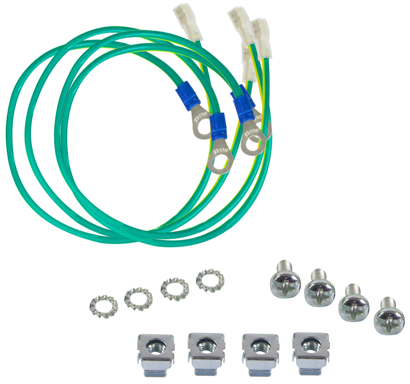 Green and yellow earthing wires with connectors, accompanied by silver grounding bolts, washers, and metal terminals, designed for Canovate racks by LogiLink.