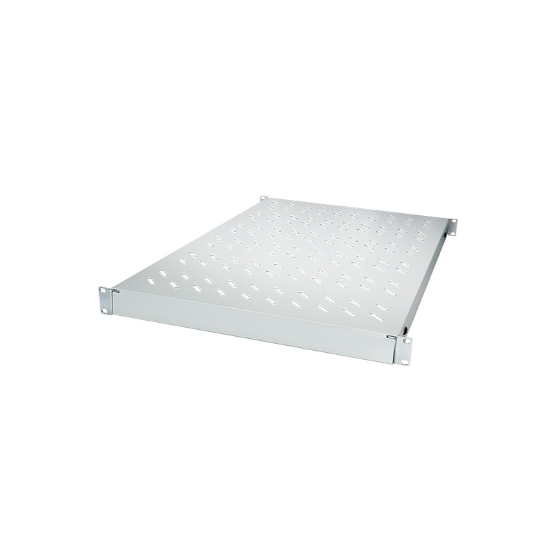 Adjustable 19" shelf in light grey metal with perforated surface for ventilation, designed for racks with a depth of 600mm, featuring sturdy mounting brackets.
