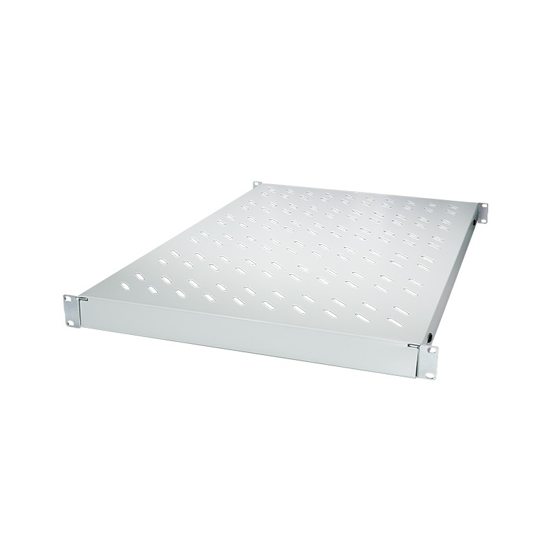 Adjustable 19" rack shelf in light grey metal, featuring a perforated surface for ventilation and sturdy brackets for secure mounting, designed for 800mm depth racks.