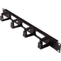 Black LogiLink 19" cable management panel with four rectangular rings and mounting brackets.