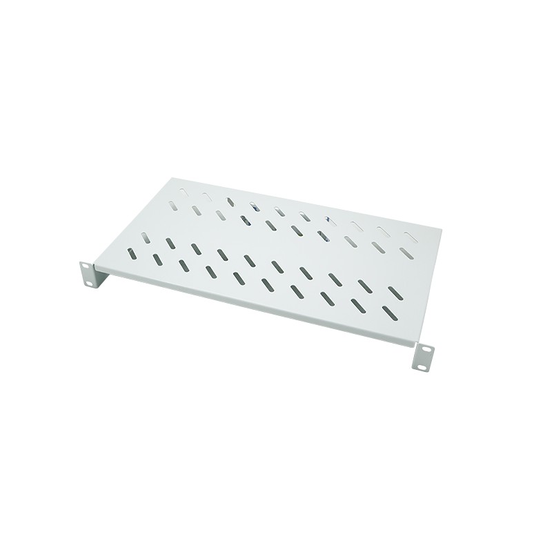 Grey metal cantilever shelf measuring 19 inches wide and 300mm deep, featuring ventilation slots and a maximum weight capacity of 15 kg, designed for 1U rack mounting.