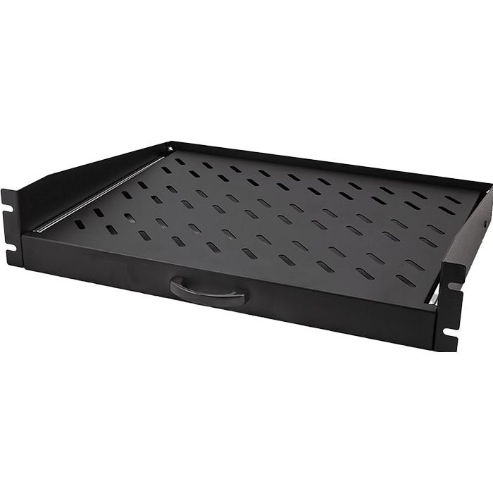 Black metal cantilever shelf with a 2U height, extendable design, dimensions of 350mm depth, featuring ventilation holes and a handle for easy access, supports up to 30 KG.
