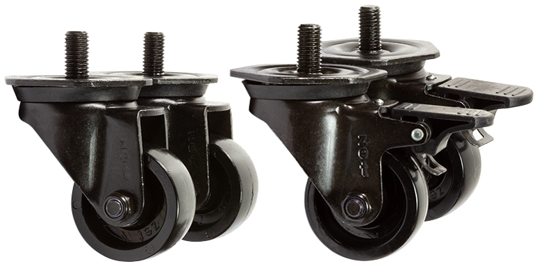 Black plastic castor set for network racks, featuring four durable wheels with a maximum load capacity of 600 kg, designed for easy mobility and stability.