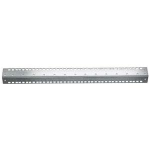 Silver metal 19" mounting rail, 15U size, featuring multiple mounting holes for installation in Canovate single wall cabinets, designed for secure equipment support.