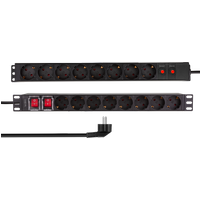 Black LogiLink 19" PDU with 16 CEE 7/3 sockets, red overload protection switches, and angled plug.
