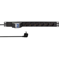 Black LogiLink PDU with 6 CEE 7/3 sockets, 2 pole circuit breaker, and attached power cord.