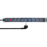 Black LogiLink 19" PDU with 8 CEE 7/3 sockets, red switch, and overload protection, featuring a right-angle plug.