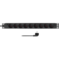 Black LogiLink 19" PDU with 9 French/Belgian outlets, no switch, rack-mountable design, attached power cord.