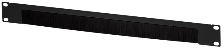 Black 19" rack brush plate, 1U size, featuring a sleek design with a textured brush strip for cable management, made of durable material with mounting holes on each end.