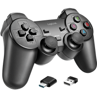 Black LogiLink 2.4G wireless controller with dual joysticks, D-pad, four colored buttons, and USB receiver.