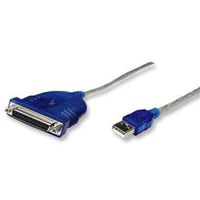 Blue plastic USB to DB25 socket parallel adapter cable, featuring a transparent outer layer and metallic connectors on both ends, measuring 2 meters in length.