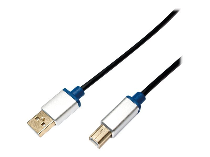 Black 2m USB 2.0 cable featuring a USB-A connector with a silver and blue casing on one end and a USB-B connector with a similar design on the other end.