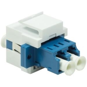LogiLink 2xLC connector in white and blue plastic, featuring two LC ports, designed for fiber optic connections with a compact and modular design.