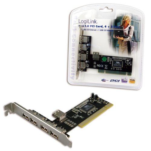 LogiLink PCI interface card with a black circuit board, featuring four USB 2.0 ports and one external USB port, packaged in a clear plastic blister with a professional image on the card.