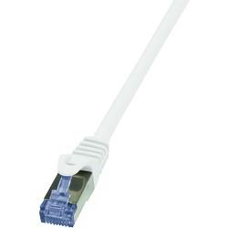 White LogiLink 50m Cat.6A 10G S/FTP networking cable with a transparent blue connector, designed for high-speed data transmission.