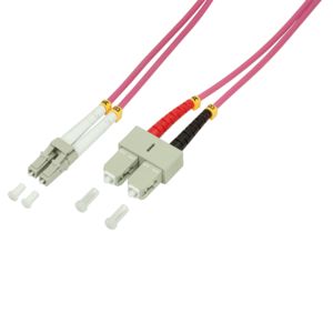 7.5m pink LC-SC InfiniBand/fibre optic cable with two connectors, featuring grey and black housings, and four small plastic strain relief boots.