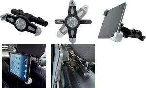 Black LogiLink AA0121 passive holder for tablets/UMPCs, featuring a sturdy design with rubber grips and adjustable arms, securely mounts to car headrests for convenient viewing.