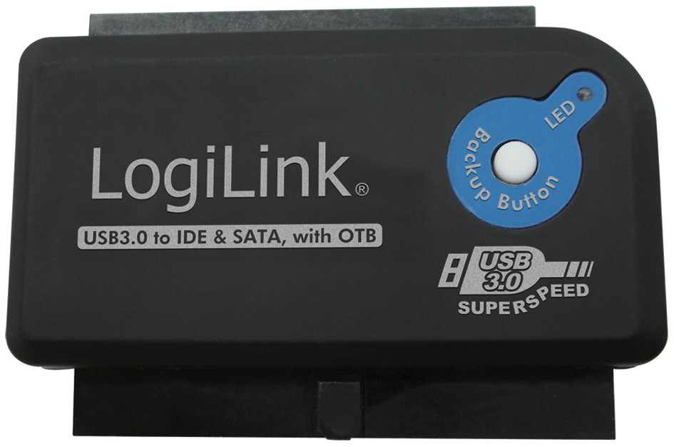 Black LogiLink AU0028A USB 3.0 to IDE/SATA gender changer featuring a blue backup button, LED indicator, and "USB 3.0 SuperSpeed" label on the side.
