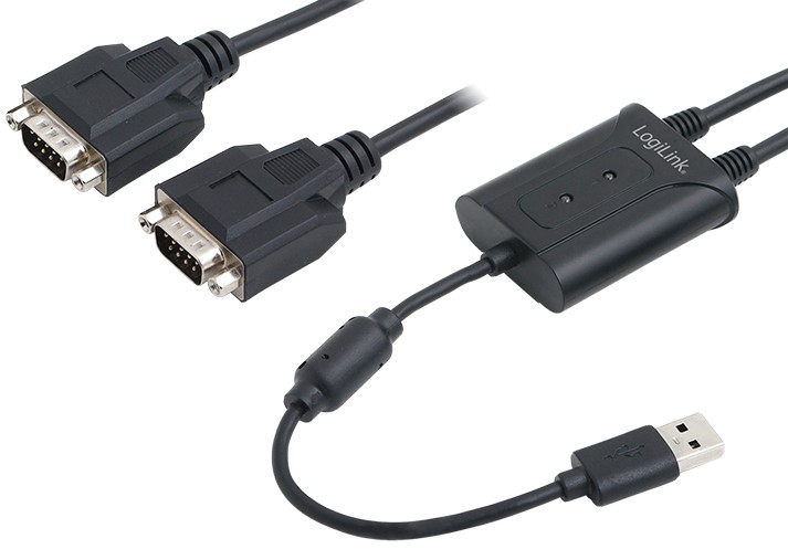 Black LogiLink AU0031 serial cable featuring USB Type-A connector on one end and two DB-9 connectors on the other, designed for connecting devices with serial ports.