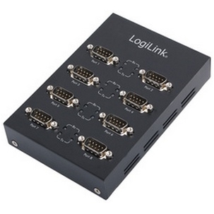 LogiLink AU0033 Serial Switch Box in black metal, featuring eight DB9 ports labeled from 1 to 8, designed for easy connection and switching of serial devices.
