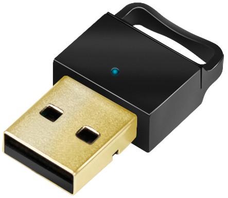 Compact black Bluetooth dongle with a gold USB connector and a blue LED indicator, designed for 5.0 networking and WiFi connectivity.