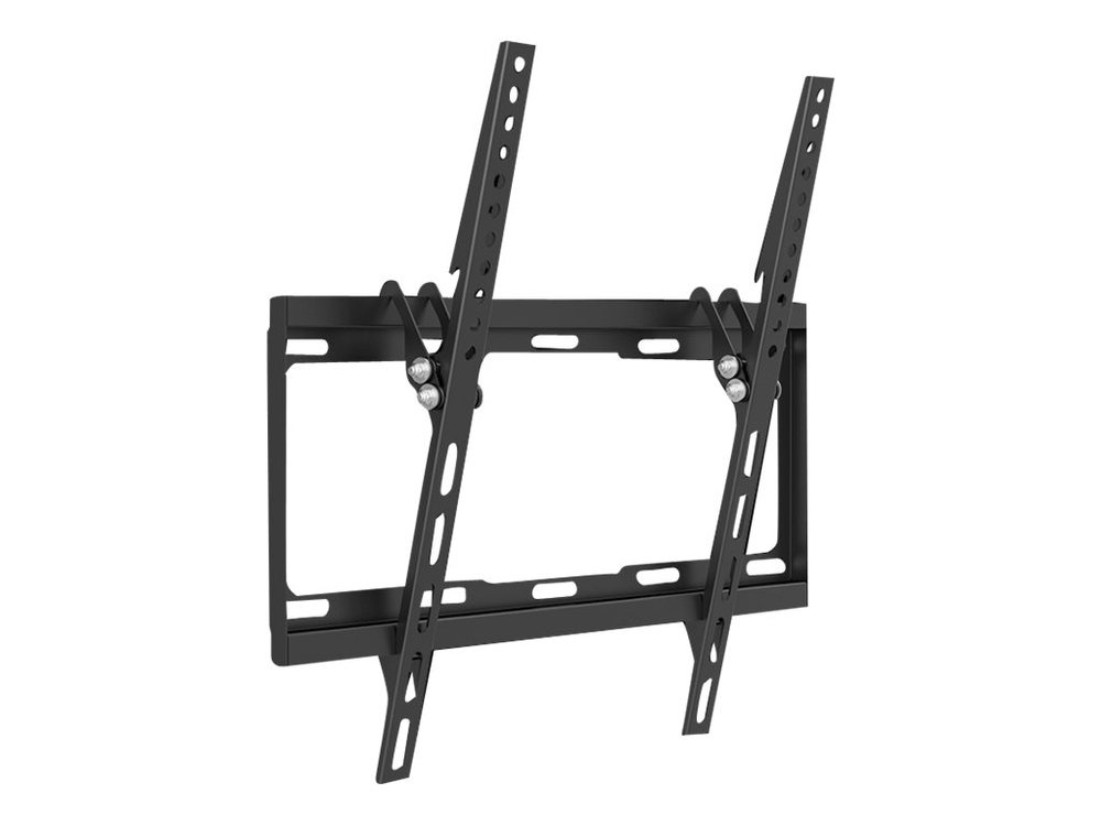 Black LogiLink BP0012 TV mount designed for 55" TVs, featuring adjustable brackets with multiple mounting holes for secure installation on walls.