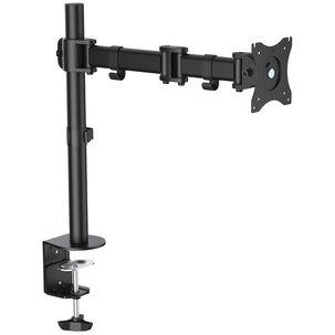 Black LogiLink BP0021 monitor mount with adjustable arm, featuring a sturdy clamp for desk attachment and a VESA-compatible mounting plate for screens up to 27 inches.