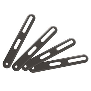 Four dark gray monitor mount accessories with elongated shapes and multiple holes for adjustable installation.