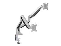 Silver LogiLink BP0043 monitor desk mount with dual adjustable arms, designed for 13"-32" displays, featuring a sturdy clamp for attachment and a sleek, modern design.