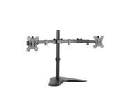 Black LogiLink BP0045 monitor mount with dual adjustable arms, designed for 32" screens, featuring a sturdy base and VESA-compatible brackets for easy installation.