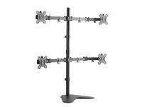 Black stainless steel monitor mount with a sturdy base, designed to hold up to three 32-inch monitors, featuring adjustable arms and VESA compatibility.