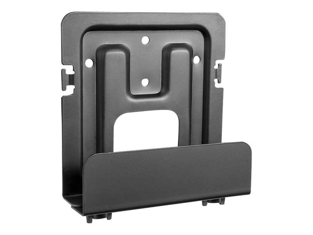 Black metal monitor mount accessory with a U-shaped design, featuring mounting holes and a horizontal support bar at the bottom for stability.