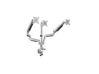 Metallic silver LogiLink BP0052 monitor mount with adjustable arms, designed for two monitors up to 32 inches, featuring a clamp base for desk attachment.