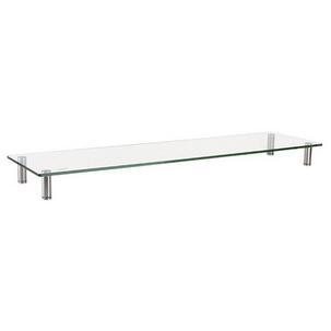 Transparent glass monitor riser with chrome legs, featuring a sleek, minimalist design and adjustable height for ergonomic PC setup.