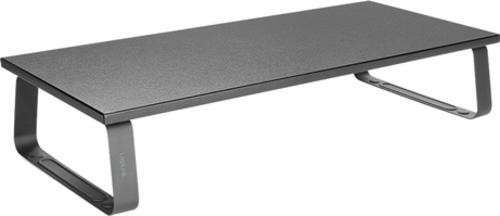 Black rigid monitor riser with a textured surface and sleek metal legs, designed to elevate PC displays for ergonomic viewing.